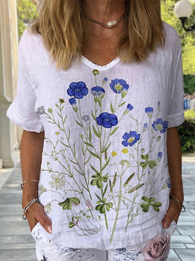 š„ćS-5XLćTriÄko s krĆ”tkým rukĆ”vem a kvÄtinovým potiskem z ÄistĆ© bavlny