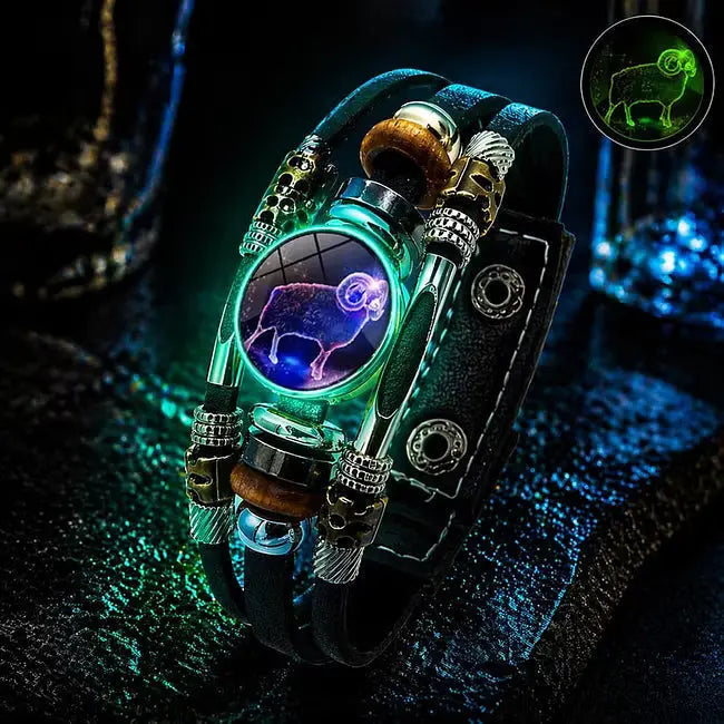 🌙 Świecąca skórzana bransoletka z symbolem zodiaku – 3-warstwowy pleciony, regulowana długość, unisex 💫✨