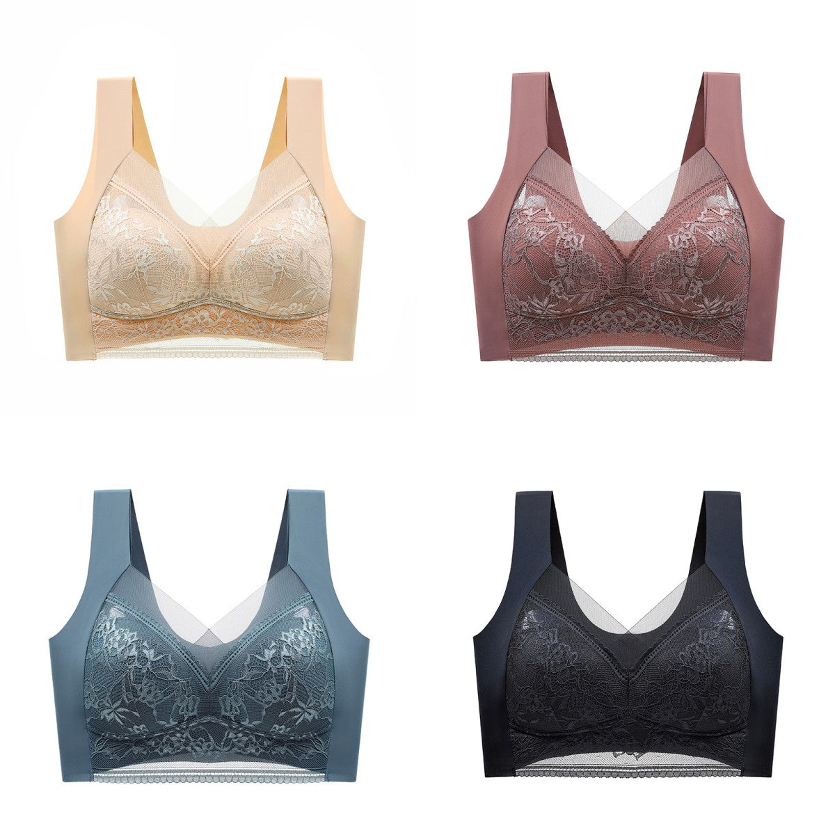 🔥【1 set 4 bucăți】Vânzare fierbinte 👙【40-110 KG】 Sutien confortabil, fără cusături, din dantelă, mărime mare