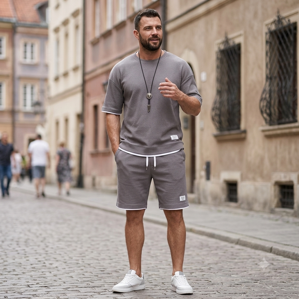 🔥【Nowość✨】【Koszulka + spodenki】Męski, oddychający zestaw sportowy, stylowy i swobodny, idealny na lato.