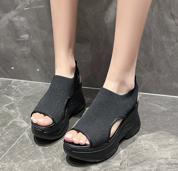 👡【50% reducere 🔥】【34-42】💖 Sandale noi de vară pentru femei, cu toc înalt, talpă groasă și vârf deschis din material tricotat