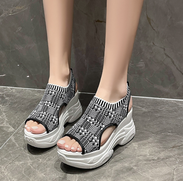 👡【50% reducere 🔥】【34-42】💖 Sandale noi de vară pentru femei, cu toc înalt, talpă groasă și vârf deschis din material tricotat