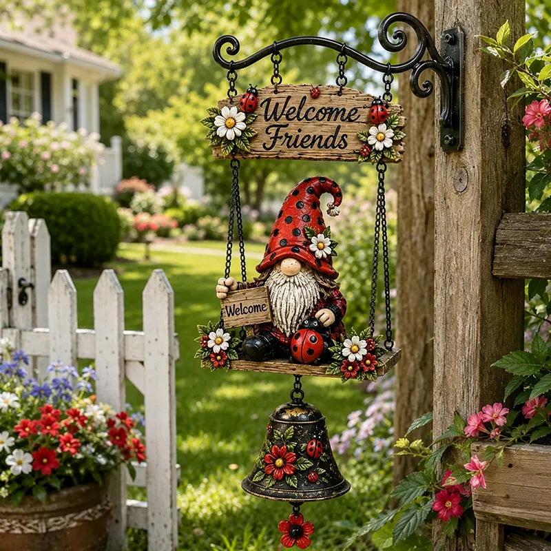 ✨Dzwonek powitalny z krasnalem ogrodowym, tabliczka „Welcome”, retro dzwonek z brązu, żelazny uchwyt ścienny, dekoracja do ogrodu, na taras i podwórko.