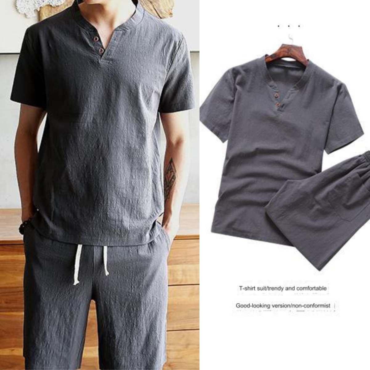 ✨🤩【Top + Pantaloni】 Costum de agrement pentru bărbați, lejer și respirabil, din bumbac și in de înaltă calitate