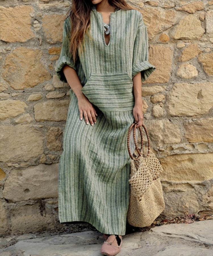 ✨【S-5XL】sukienka boho plus size długa sukienka w paski z kieszeniami✅cod + darmowa dostawa