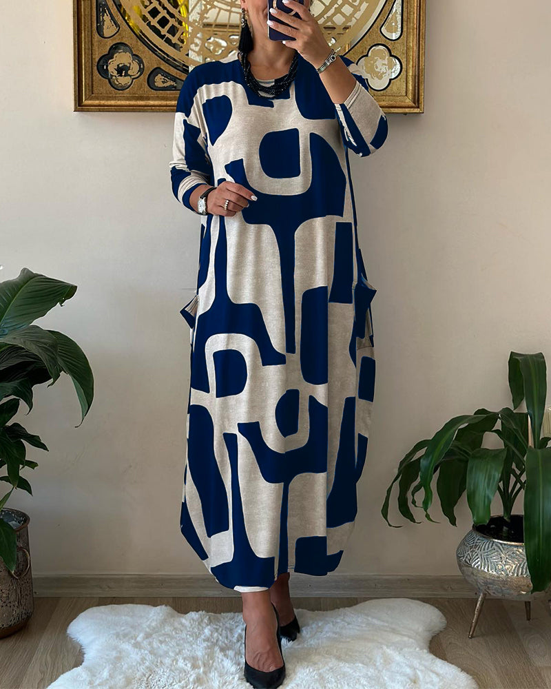 👗【Doprava zadarmo】Voľnočasová módna šaty s okrúhlym výstrihom a dlhou potlačenou sukňou s dlhým rukávom
