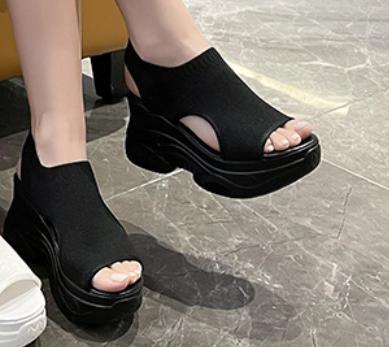 👡【50% reducere 🔥】【34-42】💖 Sandale noi de vară pentru femei, cu toc înalt, talpă groasă și vârf deschis din material tricotat
