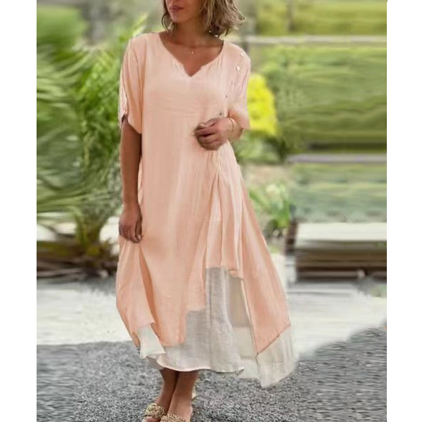 🔥💗【S-4XL】✨Elegantné 2-v-1 bavlnené šaty z kvalitného materiálu, výstrih do V, asymetrický dizajn – Štýl 2025 🌟👗