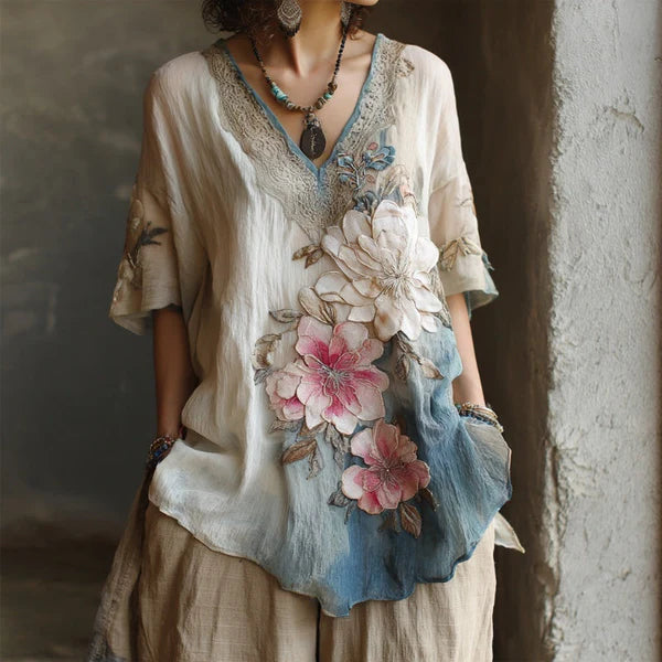 💕🌺【Oferta limitada】🔥Blusa elegante con cuello en V profundo y estampado floral Tallas S-4XL