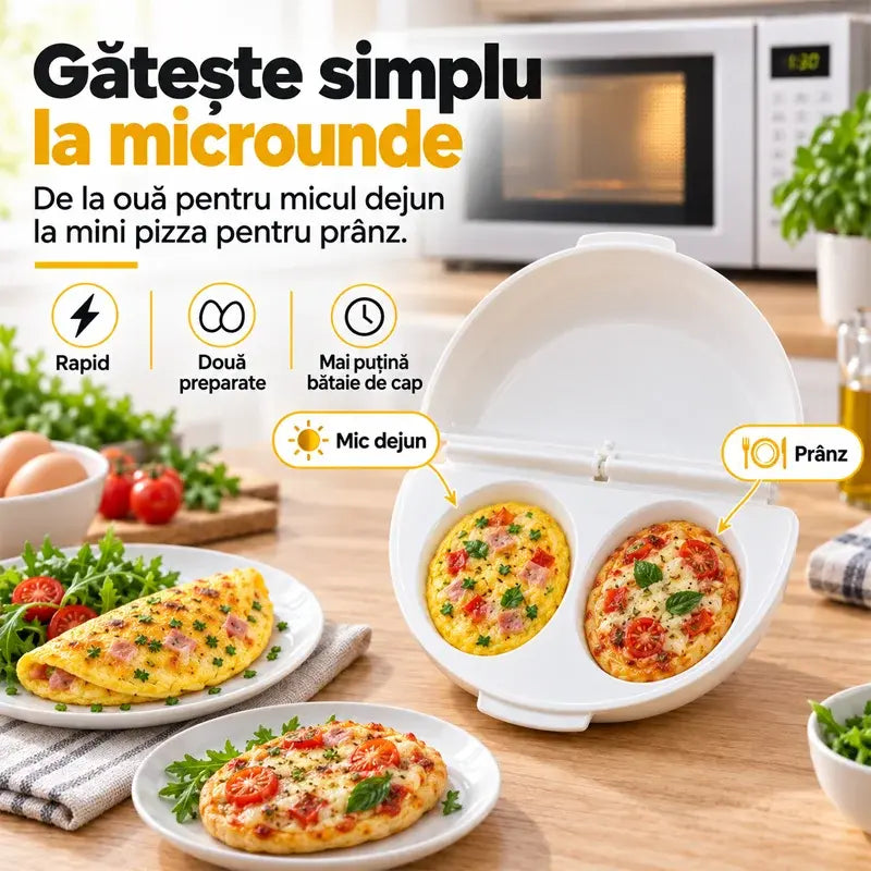 🍳 Idealne śniadanie w kilka minut! Forma do omletu do kuchenki mikrofalowej 🥚 | 2 przegródki · Materiał spożywczy z powłoką nieprzywierającą · Odłączane zawiasy ułatwiające czyszczenie · Szybkie przygotowanie bez oleju