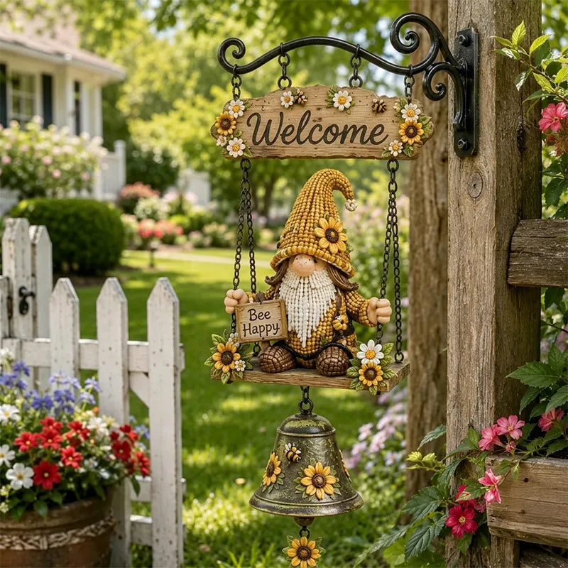 ✨Dzwonek powitalny z krasnalem ogrodowym, tabliczka „Welcome”, retro dzwonek z brązu, żelazny uchwyt ścienny, dekoracja do ogrodu, na taras i podwórko.