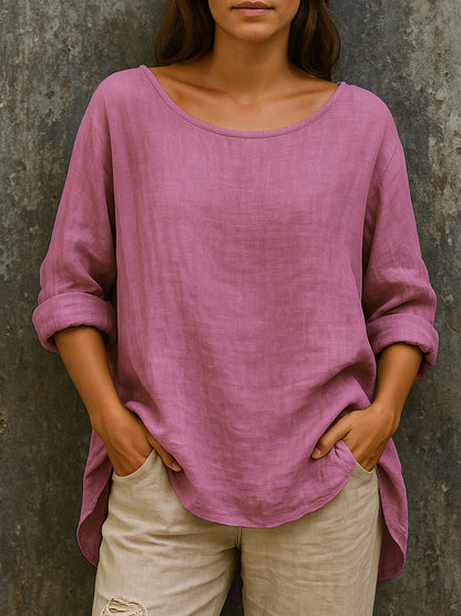 【S-3XL】Luźny, modny T-shirt z okrągłym dekoltem, wykonany z bawełny i lnu, w stylu retro – w większych rozmiarach.