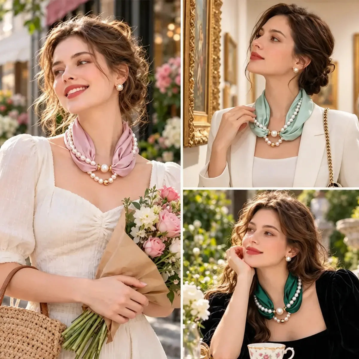 ✨ Naszyjnik z pereł i magnetyczna spinka do apaszki 2 w 1! Szybkie zapięcie magnetyczne · Odpinany design · Francuska elegancja i uniwersalny styl