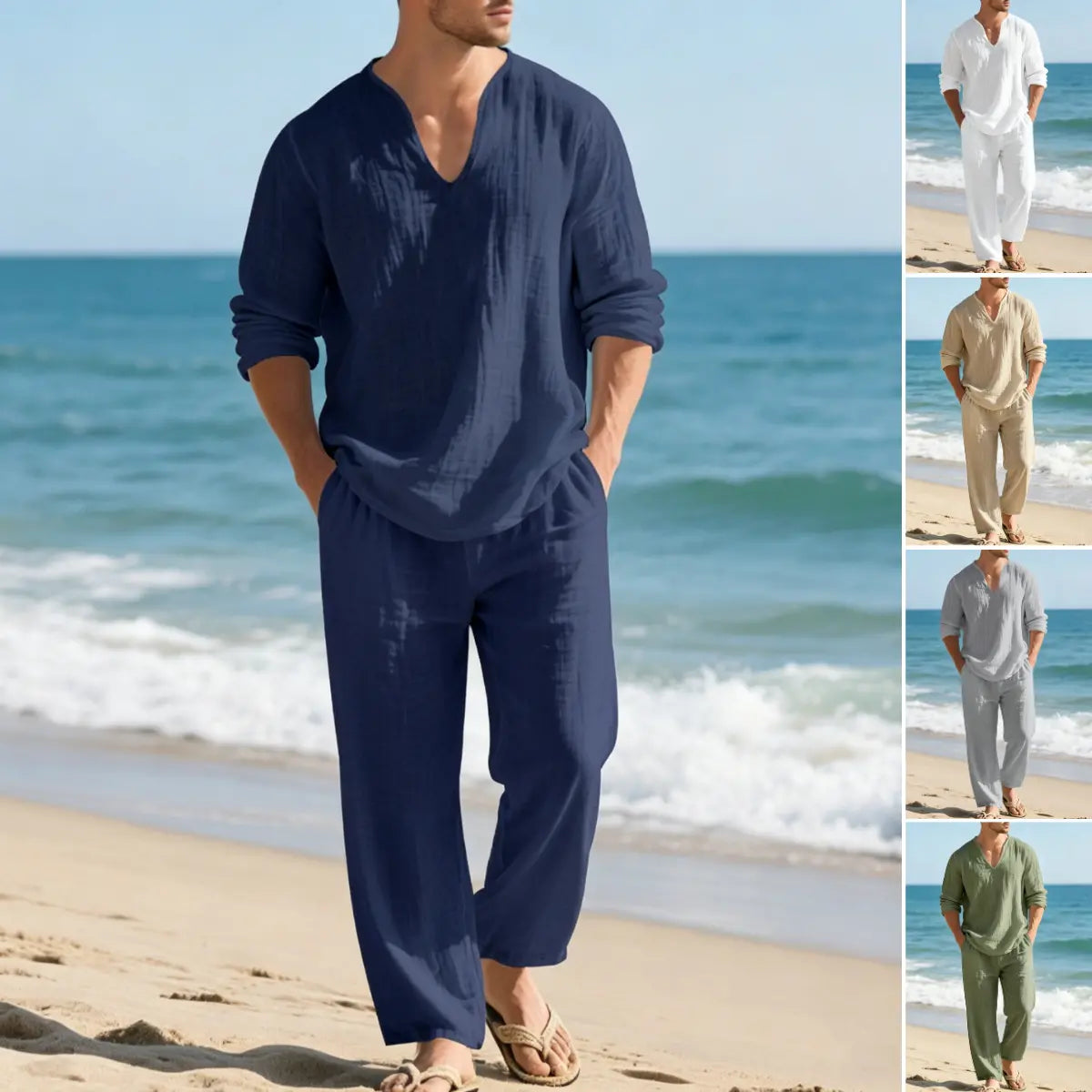 🌴 50% zniżki🔥【Top + spodnie】Męski lniany garnitur casualowy o luźnym kroju z dekoltem w serek, idealny na plażę. ✅️Płatność przy odbiorze ✅️2 artykuły z 70% zniżką