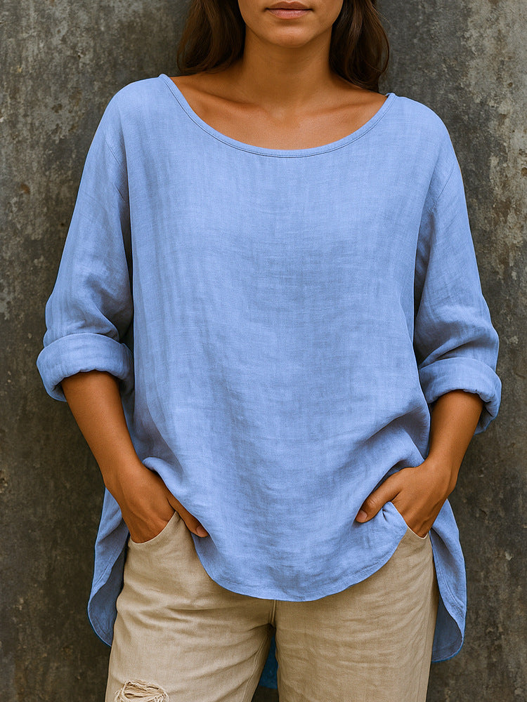 【S-3XL】Luźny, modny T-shirt z okrągłym dekoltem, wykonany z bawełny i lnu, w stylu retro – w większych rozmiarach.
