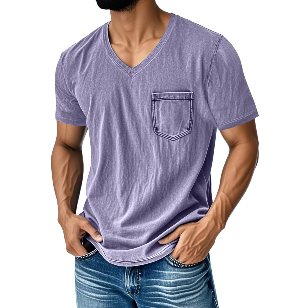 50% zniżki【40-120 kg】Luźny, casualowy T-shirt z jeansu z dekoltem w serek i krótkim rękawem dla mężczyzn ✅️Płatność przy odbiorze