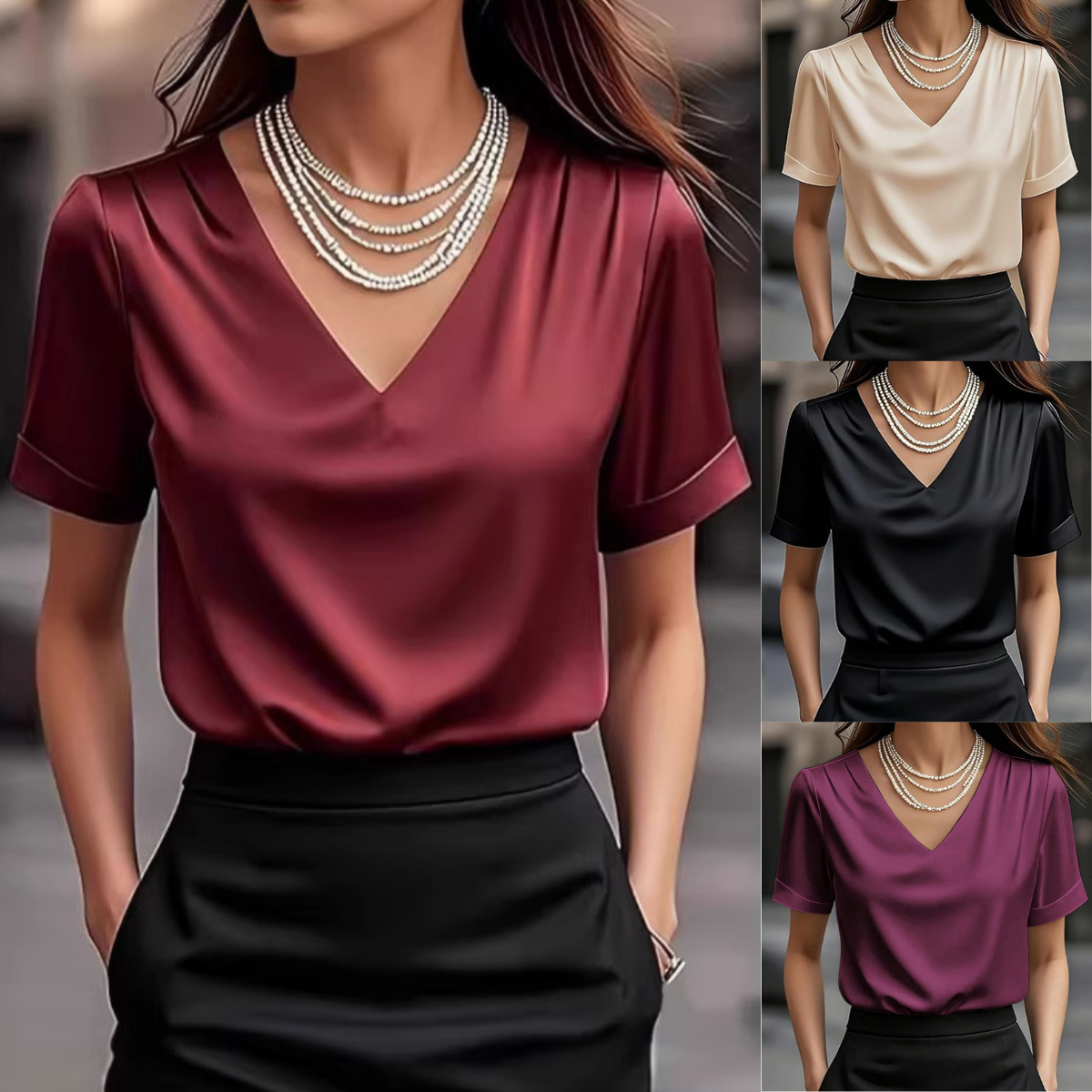 👚 Ženska majica – saten, V-izrez, kratki rukav, elegantna i lagana 2026