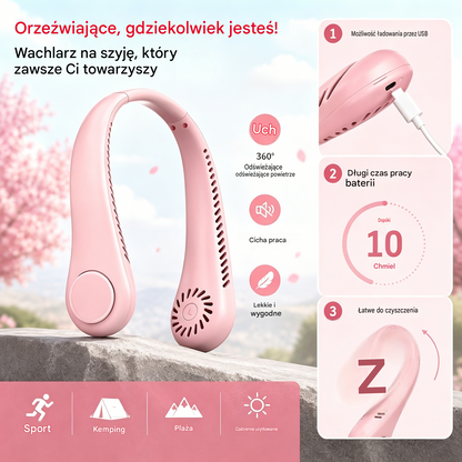 💨 Wentylator na szyję z funkcją chłodzenia – wyjątkowo cichy, przenośny i obracany o 360° – idealny na lato 🌞