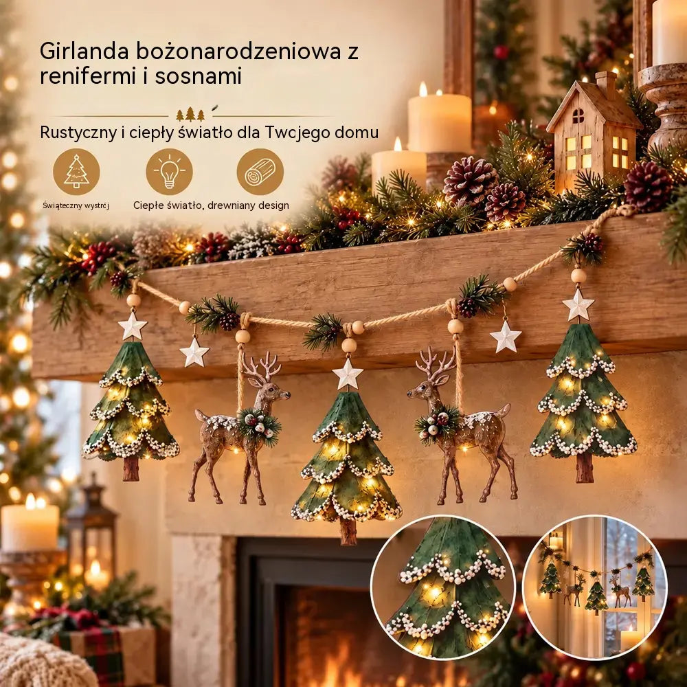 🎄 Girlanda świąteczna LED z reniferami i choinkami – drewniana dekoracja w rustykalnym stylu, ciepłe światło na kominek, okno i schody