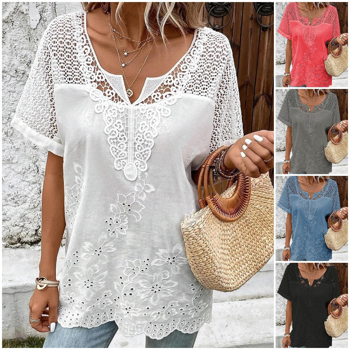 【S–6XL】Elegancka damska bluzka z koronką i dekoltem w serek – haftowana, z krótkim rękawem