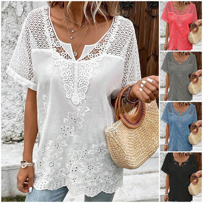 【S–6XL】Elegancka damska bluzka z koronką i dekoltem w serek – haftowana, z krótkim rękawem