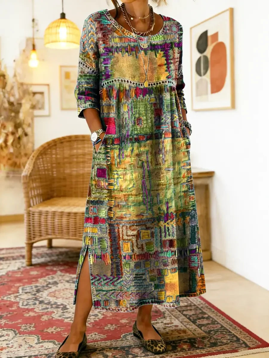 💟【50% POPUSTA】Ženska pamučna haljina s etničkim uzorkom i patchwork dizajnom, s čipkastim obrubom.