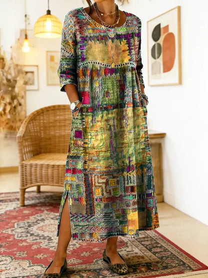💟【50% POPUSTA】Ženska pamučna haljina s etničkim uzorkom i patchwork dizajnom, s čipkastim obrubom.