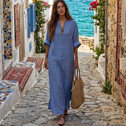 ✨【S-5XL】sukienka boho plus size długa sukienka w paski z kieszeniami✅cod + darmowa dostawa