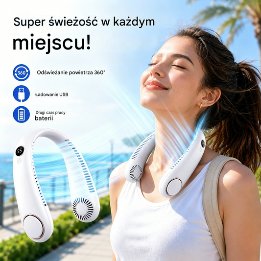 💨 Wentylator na szyję z funkcją chłodzenia – wyjątkowo cichy, przenośny i obracany o 360° – idealny na lato 🌞