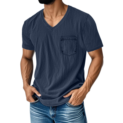 50% zniżki【40-120 kg】Luźny, casualowy T-shirt z jeansu z dekoltem w serek i krótkim rękawem dla mężczyzn ✅️Płatność przy odbiorze