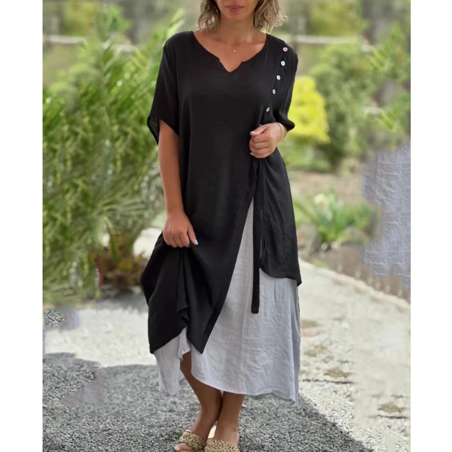 🔥💗【S-4XL】✨Elegantné 2-v-1 bavlnené šaty z kvalitného materiálu, výstrih do V, asymetrický dizajn – Štýl 2025 🌟👗