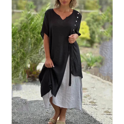 🔥💗【S-4XL】✨Elegantné 2-v-1 bavlnené šaty z kvalitného materiálu, výstrih do V, asymetrický dizajn – Štýl 2025 🌟👗