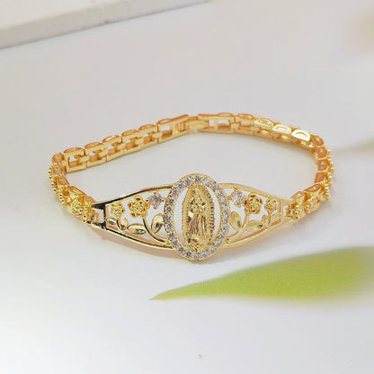 ✨ Bransoletka z Matką Boską – ażurowe kwiaty, elegancki złoty kolor