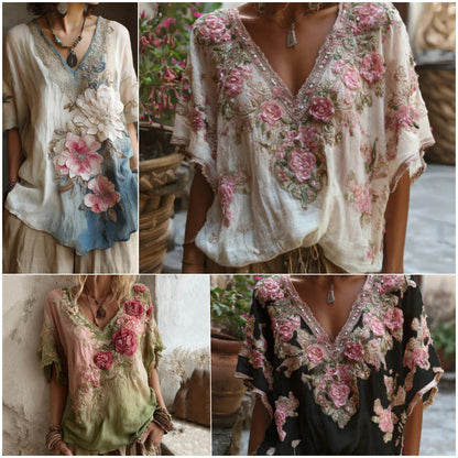 💕🌺【Oferta limitada】🔥Blusa elegante con cuello en V profundo y estampado floral  Tallas S-4XL