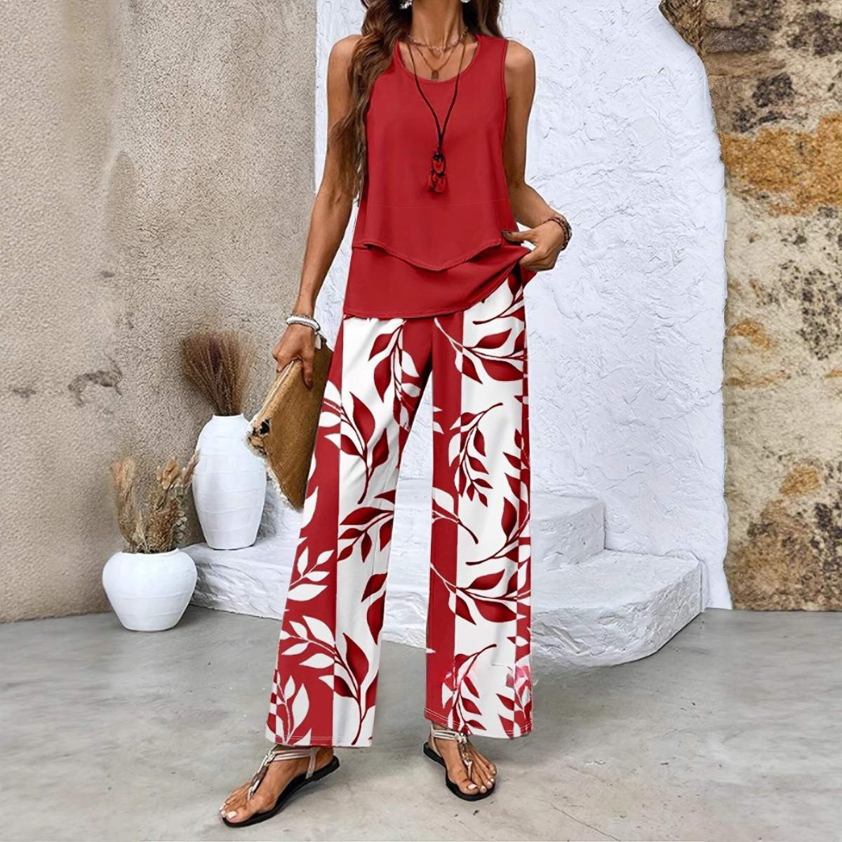 👗【S-2XL】 Komplet damski – top bez rękawów + spodnie z szerokimi nogawkami, elegancki i wygodny