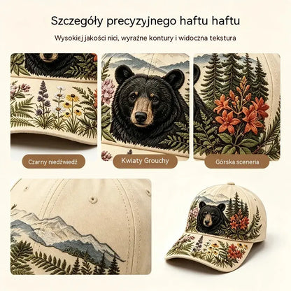 🛍️ Edycja Retro: Letnia czapka z daszkiem „Great Smoky Mountains” ✨ Motyw czarnego niedźwiedzia i polnych kwiatów | Regulowany model w stylu outdoor vintage