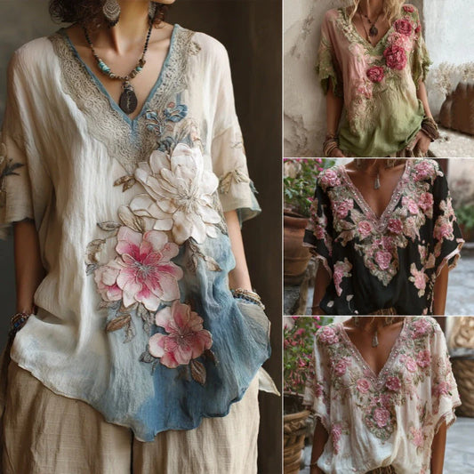 💕🌺【Oferta limitada】🔥Blusa elegante con cuello en V profundo y estampado floral  Tallas S-4XL