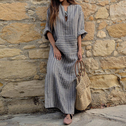 ✨【S-5XL】sukienka boho plus size długa sukienka w paski z kieszeniami✅cod + darmowa dostawa