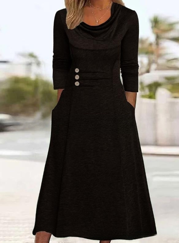 🎉👗【S–3XL】2025 Jesenné jednofarebné šaty s okrúhlym výstrihom, pásom, gombíkmi a vreckami – elegantné & pohodlné 💫🍂