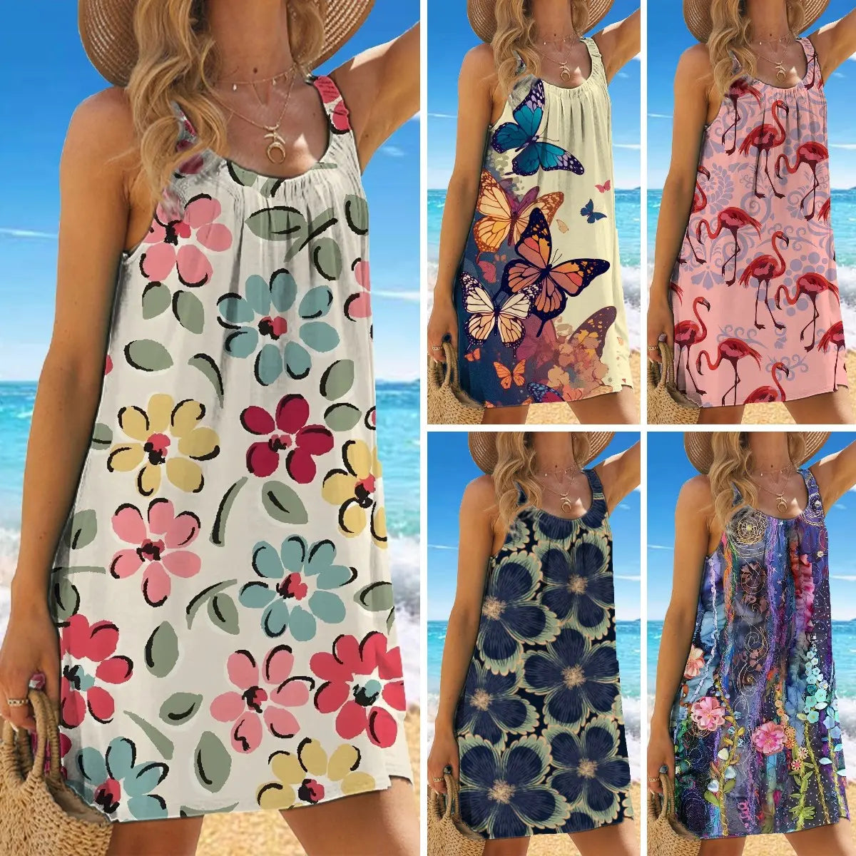 🎁【50% zniżki】✨🌊【S-5XL】Modna letnia sukienka na ramiączkach z kwiatowym nadrukiem