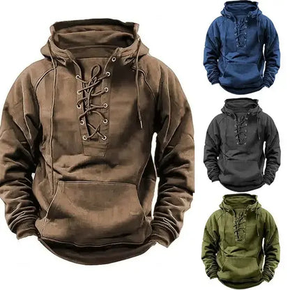 🧥【S–3XL】Nowa męska bluza w stylu retro z kapturem, regulowanym sznurkiem i wieloma kieszeniami – luźny fason w większych rozmiarach