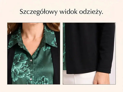 👚【M-4XL】Dwuczęściowa koszula damska z nadrukiem w patchworku – bluzka warstwowa z długim rękawem – modelująca brzuch, swobodny top na jesień