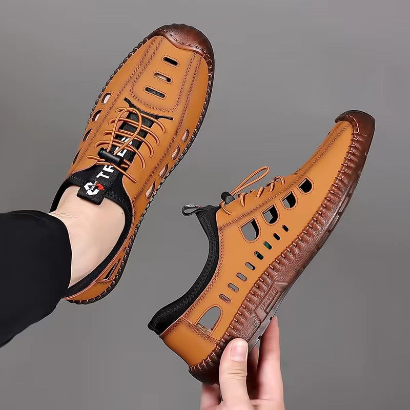 ✨【Rozmiary 39-44】Męskie casualowe buty z perforowaną, przewiewną konstrukcją i antypoślizgową podeszwą z naturalnej skóry.