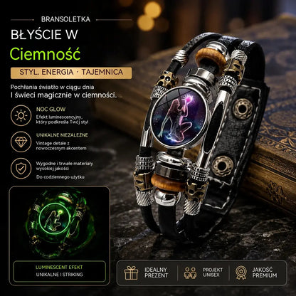 🌙 Świecąca skórzana bransoletka z symbolem zodiaku – 3-warstwowy pleciony, regulowana długość, unisex 💫✨