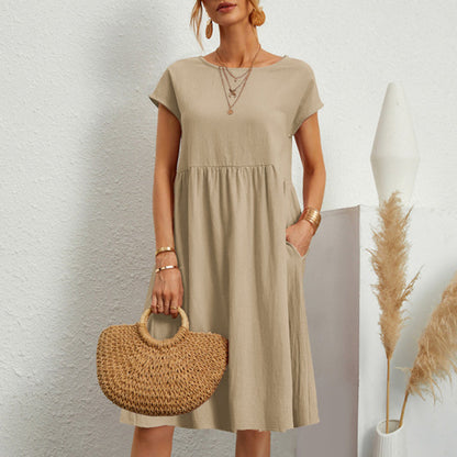 😍【Wyprzedaż końca sezonu】👗【S–5XL】Sukienka damska 2025 z bawełny i lnu, z okrągłym dekoltem i luźnym krojem – Obniżona cena