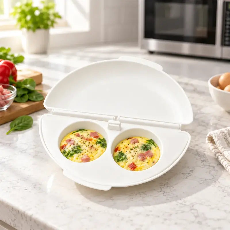 🍳 Idealne śniadanie w kilka minut! Forma do omletu do kuchenki mikrofalowej 🥚 | 2 przegródki · Materiał spożywczy z powłoką nieprzywierającą · Odłączane zawiasy ułatwiające czyszczenie · Szybkie przygotowanie bez oleju