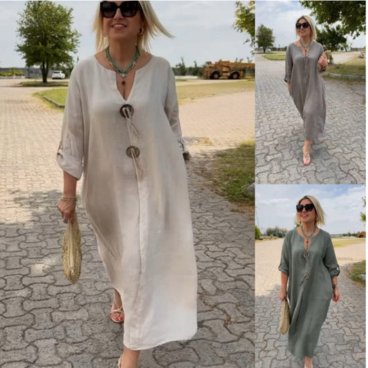 💖👗【S-5XL】Neformálne šaty s výstrihom do V z bavlny a ľanu
