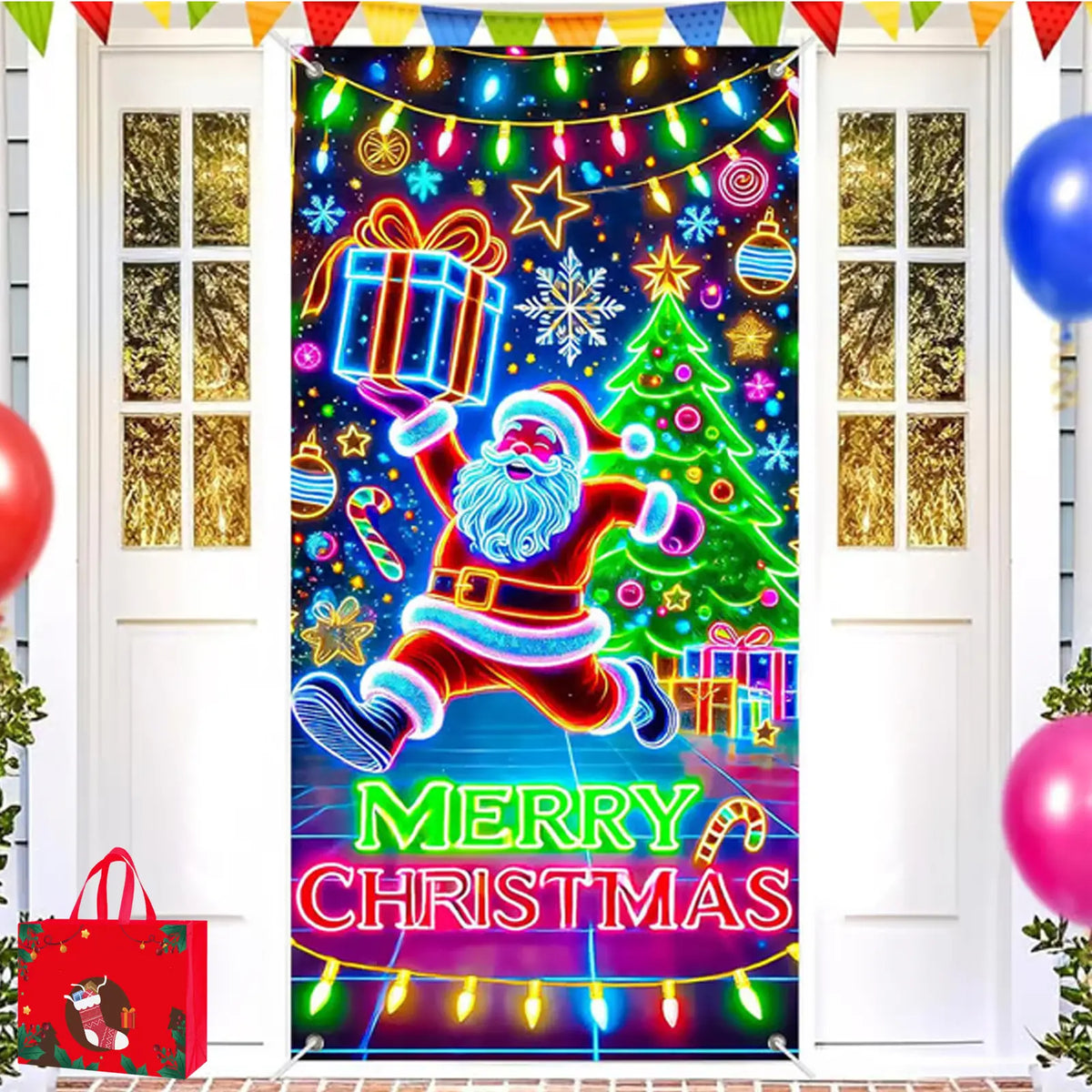 🎄 Fluorescencyjny baner bożonarodzeniowy UV na drzwi i tło imprezowe – wisząca dekoracja świąteczna