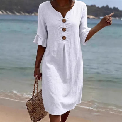 👗 Ženska haljina S–3XL – pamuk i lan, puf rukavi, gumbi, lagana i elegantna