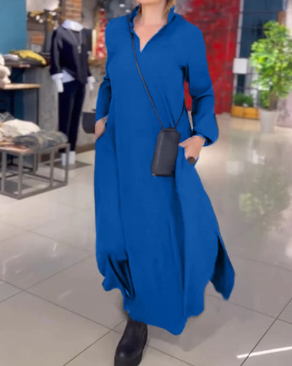 🔥【S-3XL】Nove jesensko-zimske obleke z dolgimi rokavi in V-izrezom – eleganten enobarvni model